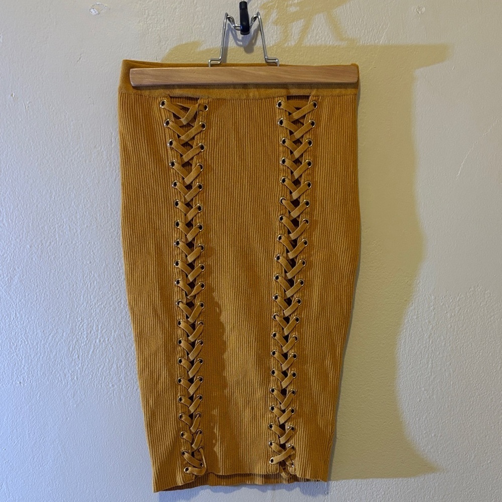 Windsor Mustard Yellow Lace-Up Corduroy Pencil Skirt